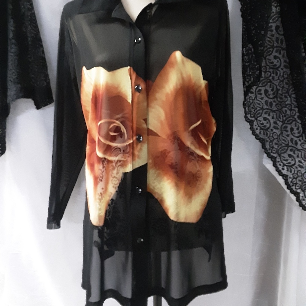 BLACK SHEAR SWIMSUIT COVER UP/SHIRT  S